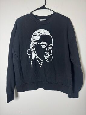 Zara Graphic Sweatshirt Black Cropped Embroidered Face Large